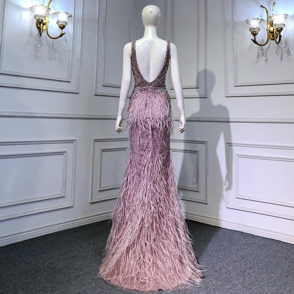 Serene Hill Pink High Split Mermaid Evening Dresses Gowns  Backless Luxury Beaded Feather For Women Party LA71583
