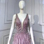 Serene Hill Pink High Split Mermaid Evening Dresses Gowns  Backless Luxury Beaded Feather For Women Party LA71583