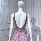Serene Hill Pink High Split Mermaid Evening Dresses Gowns  Backless Luxury Beaded Feather For Women Party LA71583