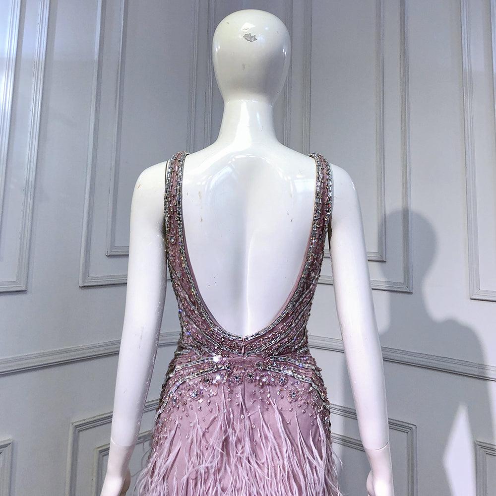 Serene Hill Pink High Split Mermaid Evening Dresses Gowns  Backless Luxury Beaded Feather For Women Party LA71583