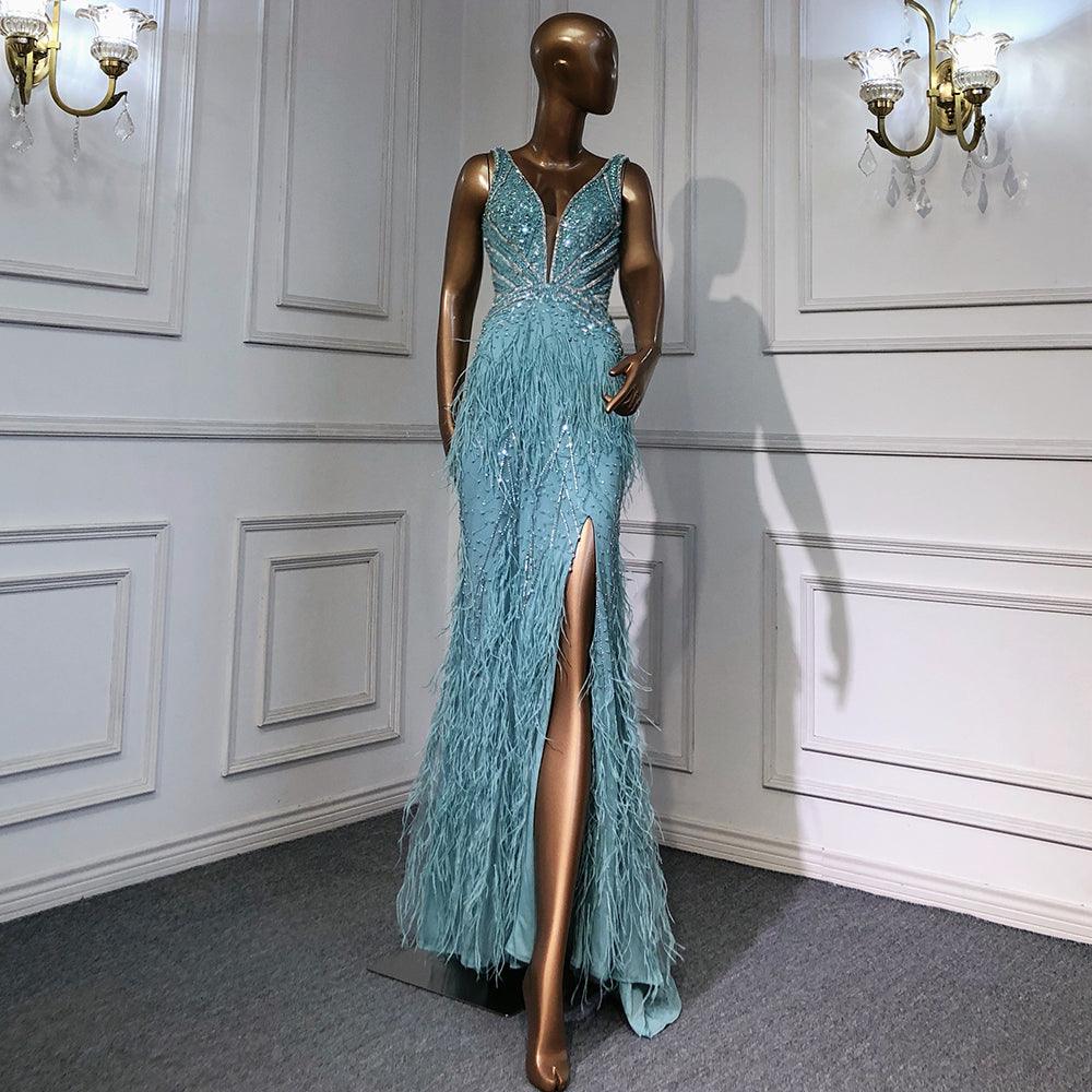 Serene Hill Pink High Split Mermaid Evening Dresses Gowns  Backless Luxury Beaded Feather For Women Party LA71583