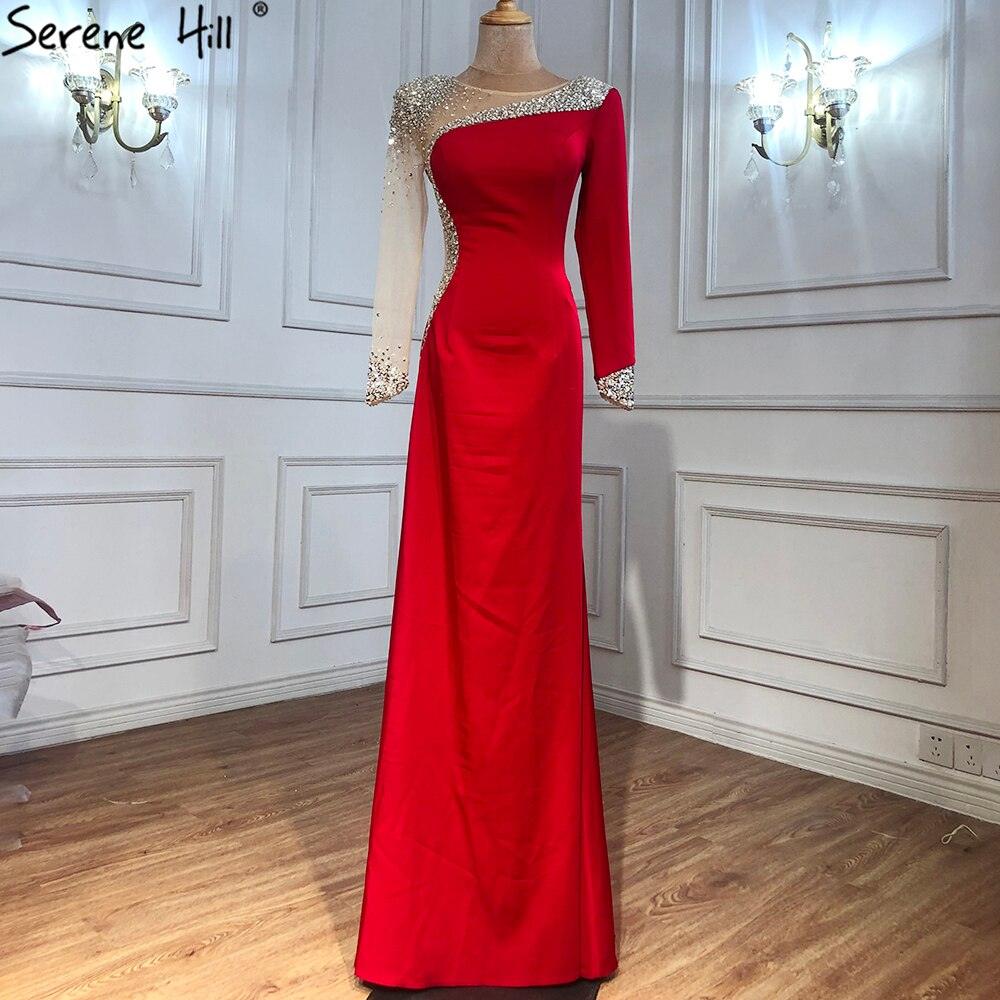 Serene Hill Red Satin Mermaid Evening Dresses Gowns 2024 Elegant Beaded Sexy For Women Wedding Party LA71152