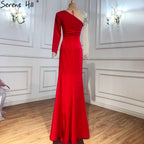 Serene Hill Red Satin Mermaid Evening Dresses Gowns 2024 Elegant Beaded Sexy For Women Wedding Party LA71152