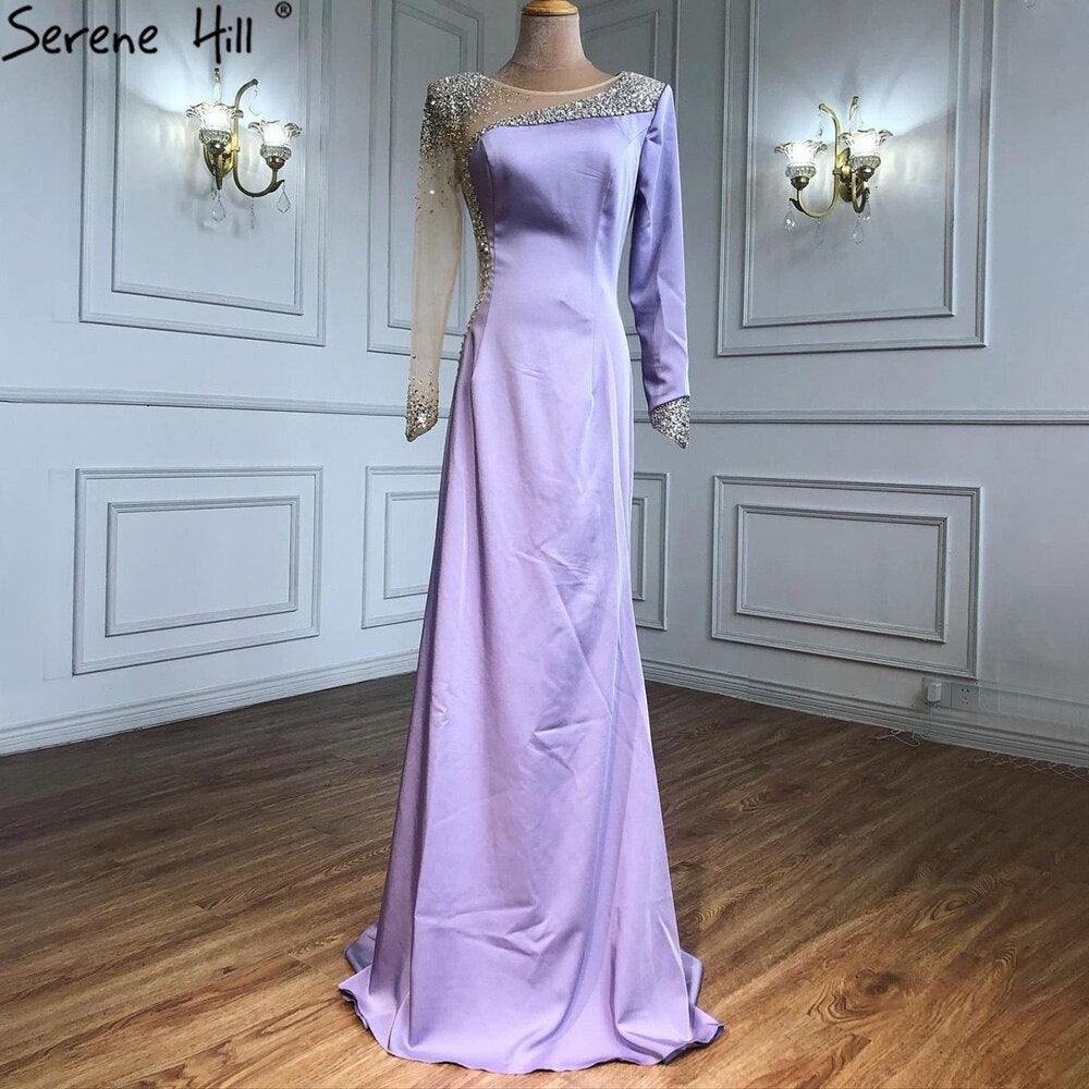 Serene Hill Red Satin Mermaid Evening Dresses Gowns 2024 Elegant Beaded Sexy For Women Wedding Party LA71152