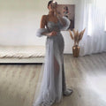 Serene Hill Sexy Gray Beaded  Party High Split  Spaghetti Straps Mermaid Balloon Sleeves Evening Dresses Gowns 2024 LA71571A