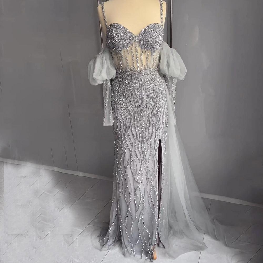Serene Hill Sexy Gray Beaded  Party High Split  Spaghetti Straps Mermaid Balloon Sleeves Evening Dresses Gowns 2024 LA71571A