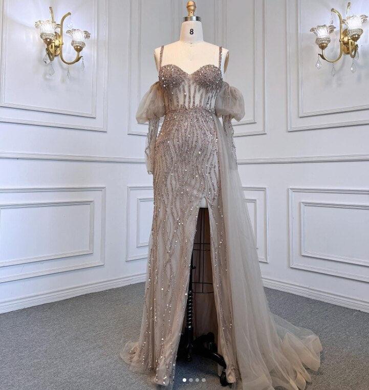 Serene Hill Sexy Gray Beaded  Party High Split  Spaghetti Straps Mermaid Balloon Sleeves Evening Dresses Gowns 2024 LA71571A
