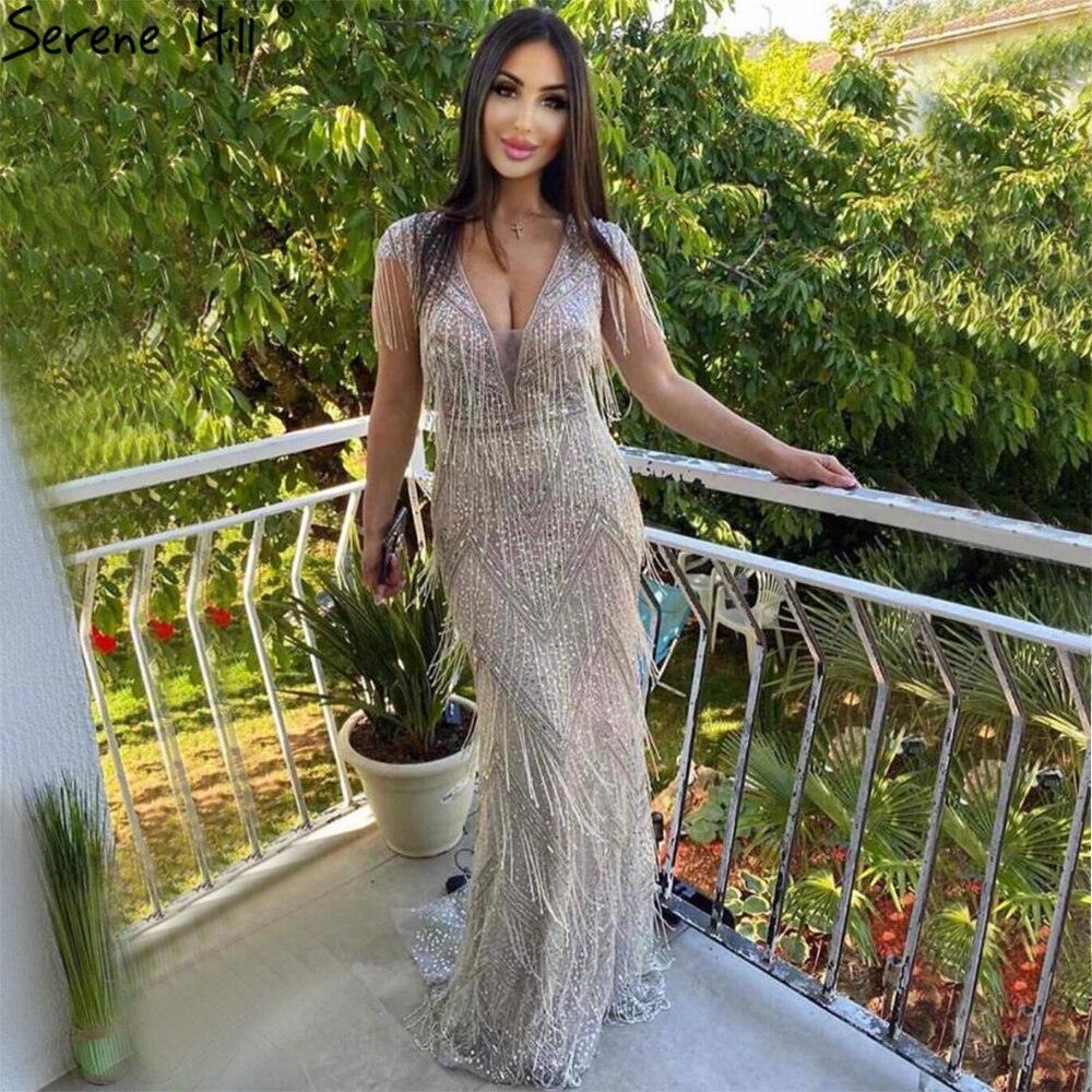 Serene Hill Silver Beading Tassel Luxury Evening Dresses Gowns Cap Sleeves Mermaid Elegant For Women Party LA60830
