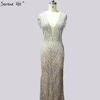 Serene Hill Silver Beading Tassel Luxury Evening Dresses Gowns Cap Sleeves Mermaid Elegant For Women Party LA60830