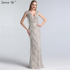 Serene Hill Silver Beading Tassel Luxury Evening Dresses Gowns Cap Sleeves Mermaid Elegant For Women Party LA60830