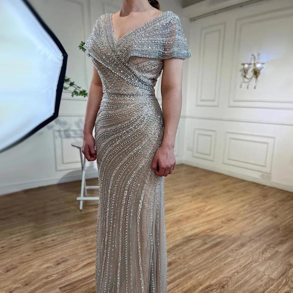 Serene Hill Silver Mermaid Elegant Evening Dresses Gowns Beaded Luxury Sparkle 2024 For Women Party LA71686