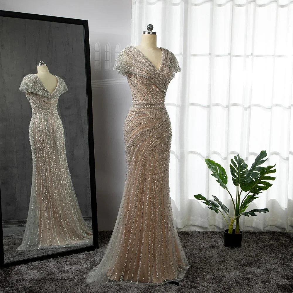 Serene Hill Silver Mermaid Elegant Evening Dresses Gowns Beaded Luxury Sparkle 2024 For Women Party LA71686