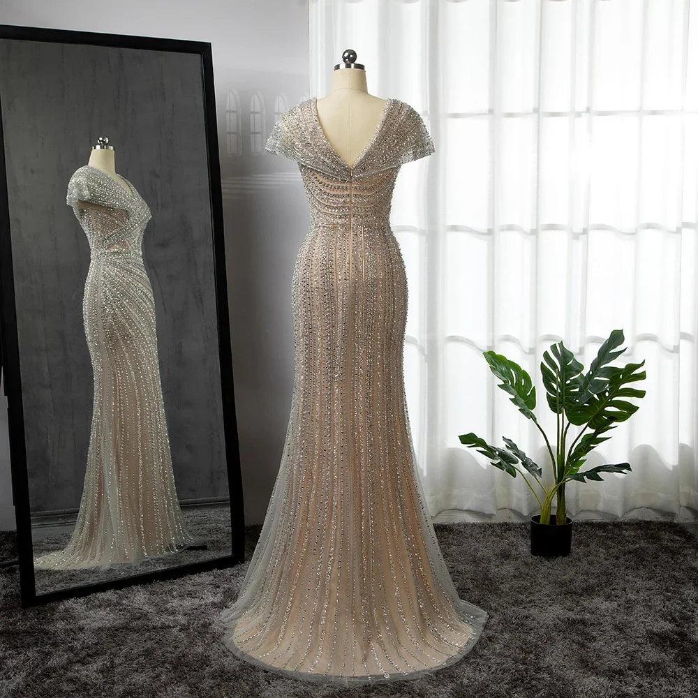 Serene Hill Silver Mermaid Elegant Evening Dresses Gowns Beaded Luxury Sparkle 2024 For Women Party LA71686