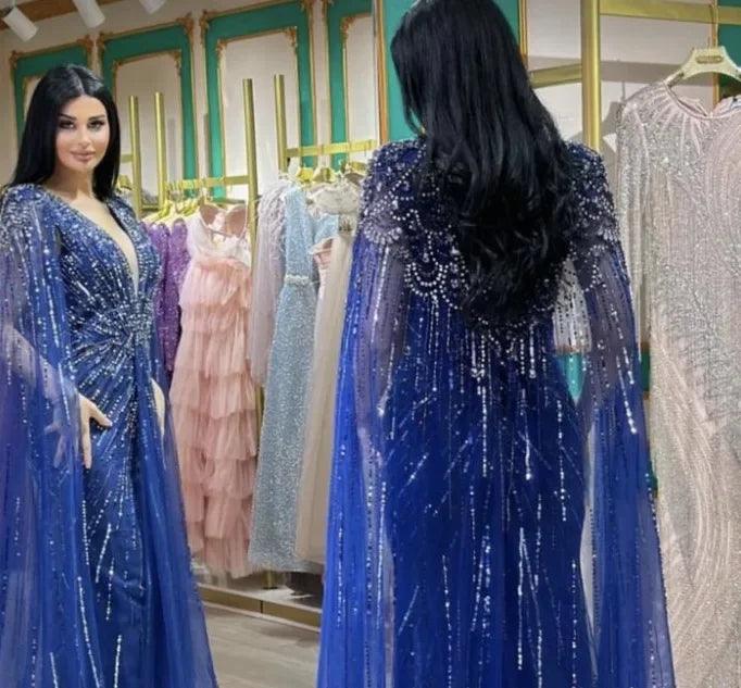 Serene Hill Turquoise Mermaid Evening Dresses Gowns 2024 with Beaded  With Cape for Women's Wedding Party LA72168A