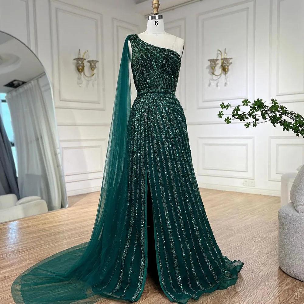 Serene Hill Yellow One-Shoulder Cape Sleeve Luxury Beaded  Formal Occasion Evening Dresses Gowns For Women Party LA71671