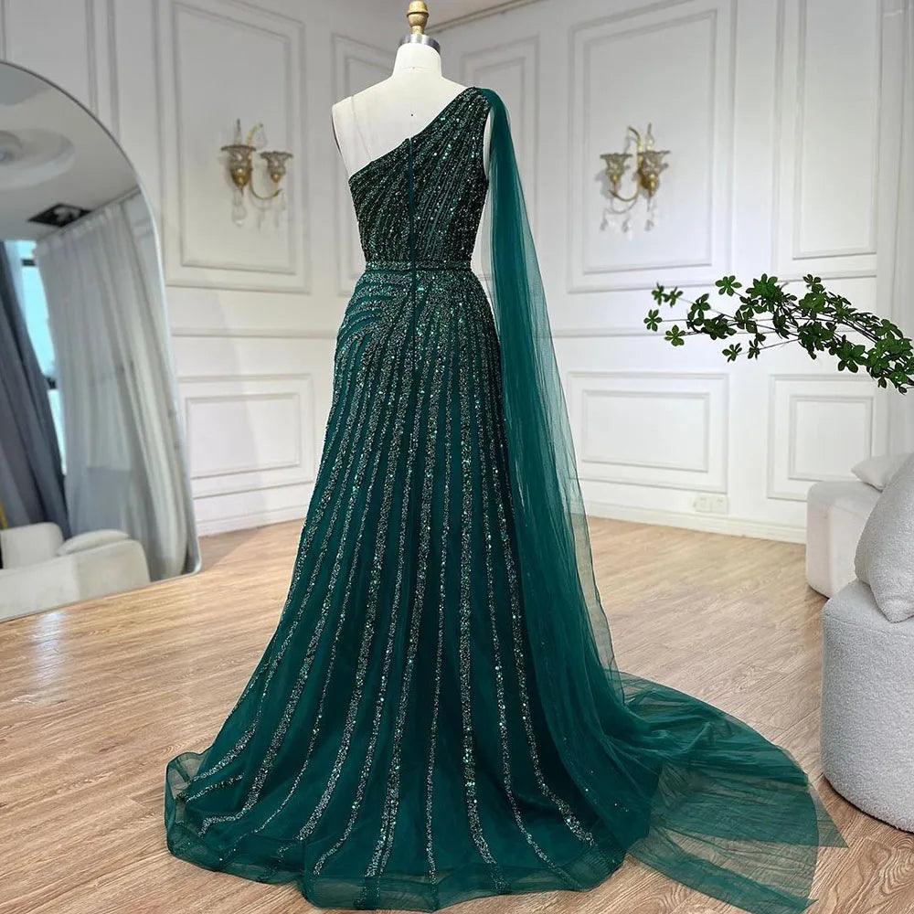Serene Hill Yellow One-Shoulder Cape Sleeve Luxury Beaded  Formal Occasion Evening Dresses Gowns For Women Party LA71671