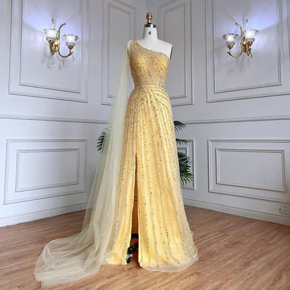 Serene Hill Yellow One-Shoulder Cape Sleeve Luxury Beaded  Formal Occasion Evening Dresses Gowns For Women Party LA71671