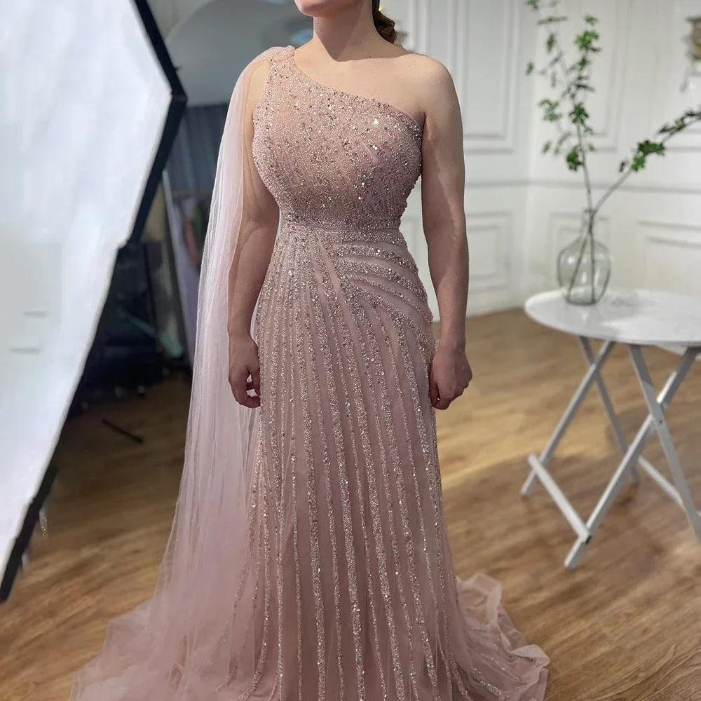 Serene Hill Yellow One-Shoulder Cape Sleeve Luxury Beaded  Formal Occasion Evening Dresses Gowns For Women Party LA71671