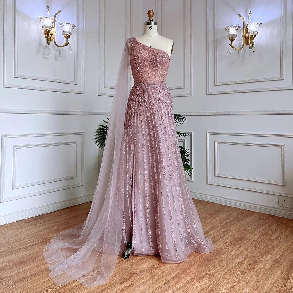 Serene Hill Yellow One-Shoulder Cape Sleeve Luxury Beaded  Formal Occasion Evening Dresses Gowns For Women Party LA71671