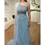 Serene Hill Yellow One-Shoulder Cape Sleeve Luxury Beaded  Formal Occasion Evening Dresses Gowns For Women Party LA71671
