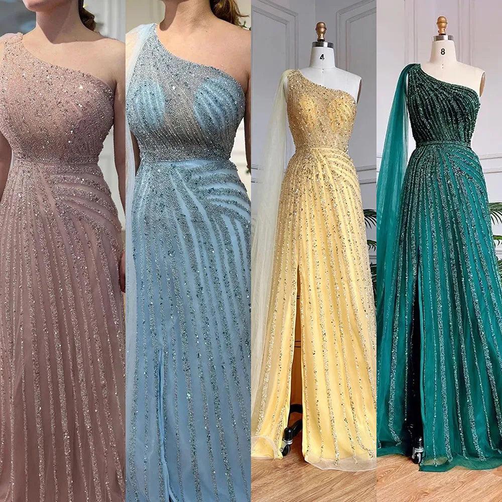 Serene Hill Yellow One-Shoulder Cape Sleeve Luxury Beaded  Formal Occasion Evening Dresses Gowns For Women Party LA71671