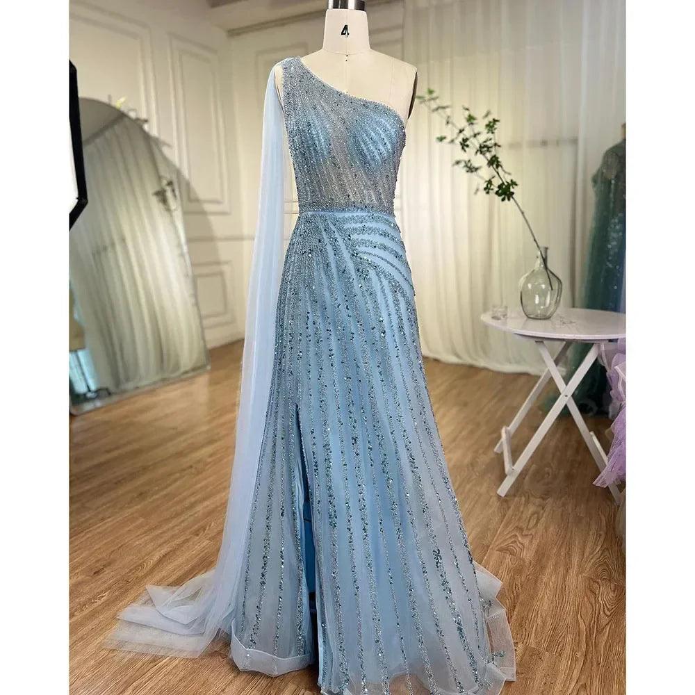 Serene Hill Yellow One-Shoulder Cape Sleeve Luxury Beaded  Formal Occasion Evening Dresses Gowns For Women Party LA71671