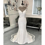 Sexy Boho Civil Mermaid Lace V Neck Crepe Wedding Dress Spaghetti Straps Reception Dresses for Bride Gown robe de soirée