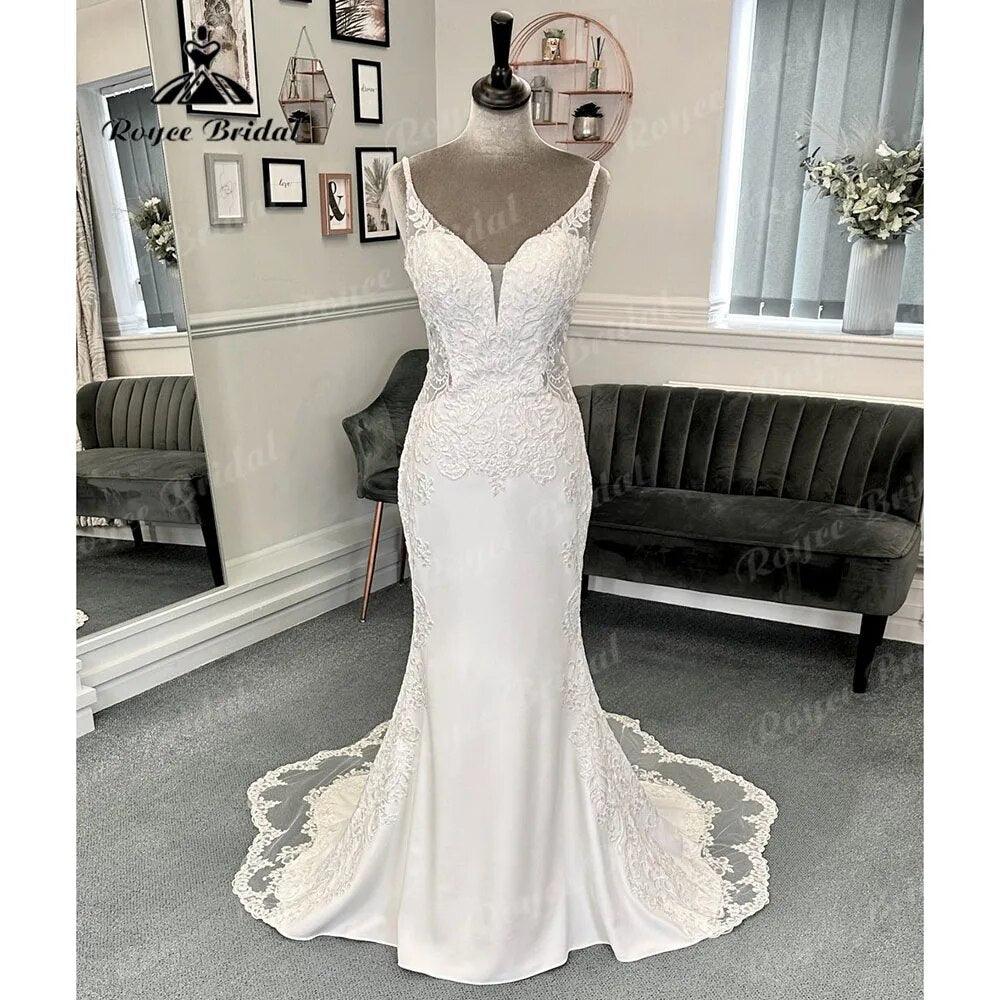 Sexy Boho Civil Mermaid Lace V Neck Crepe Wedding Dress Spaghetti Straps Reception Dresses for Bride Gown robe de soirée