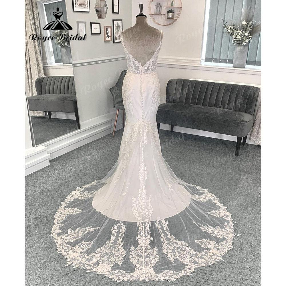 Sexy Boho Lace Applique Mermaid Backless Wedding Dress for Bride Spaghetti Straps Wedding Gown for Women robe mariée sirene