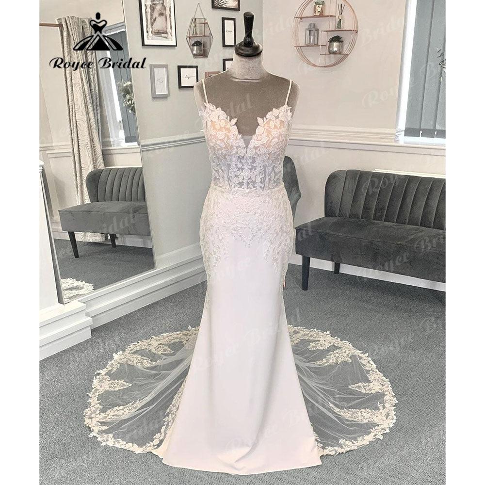 Sexy Boho Lace Applique Mermaid Backless Wedding Dress for Bride Spaghetti Straps Wedding Gown for Women robe mariée sirene