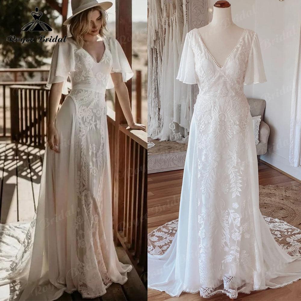 Sexy Boho V Neck Lace Short Sleeve Chiffon Bohemian Beach Women Wedding Dress Bridal Gowns vestido de novia playa Backless