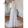 Sexy Boho V Neck Lace Short Sleeve Chiffon Bohemian Beach Women Wedding Dress Bridal Gowns vestido de novia playa Backless