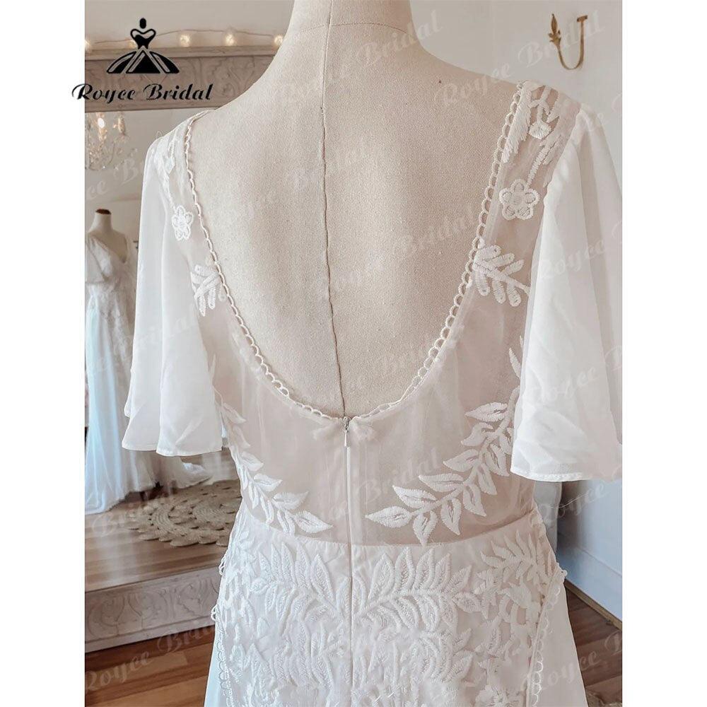 Sexy Boho V Neck Lace Short Sleeve Chiffon Bohemian Beach Women Wedding Dress Bridal Gowns vestido de novia playa Backless