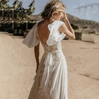 Sexy Boho V Neck Lace Short Sleeve Chiffon Bohemian Beach Women Wedding Dress Bridal Gowns vestido de novia playa Backless