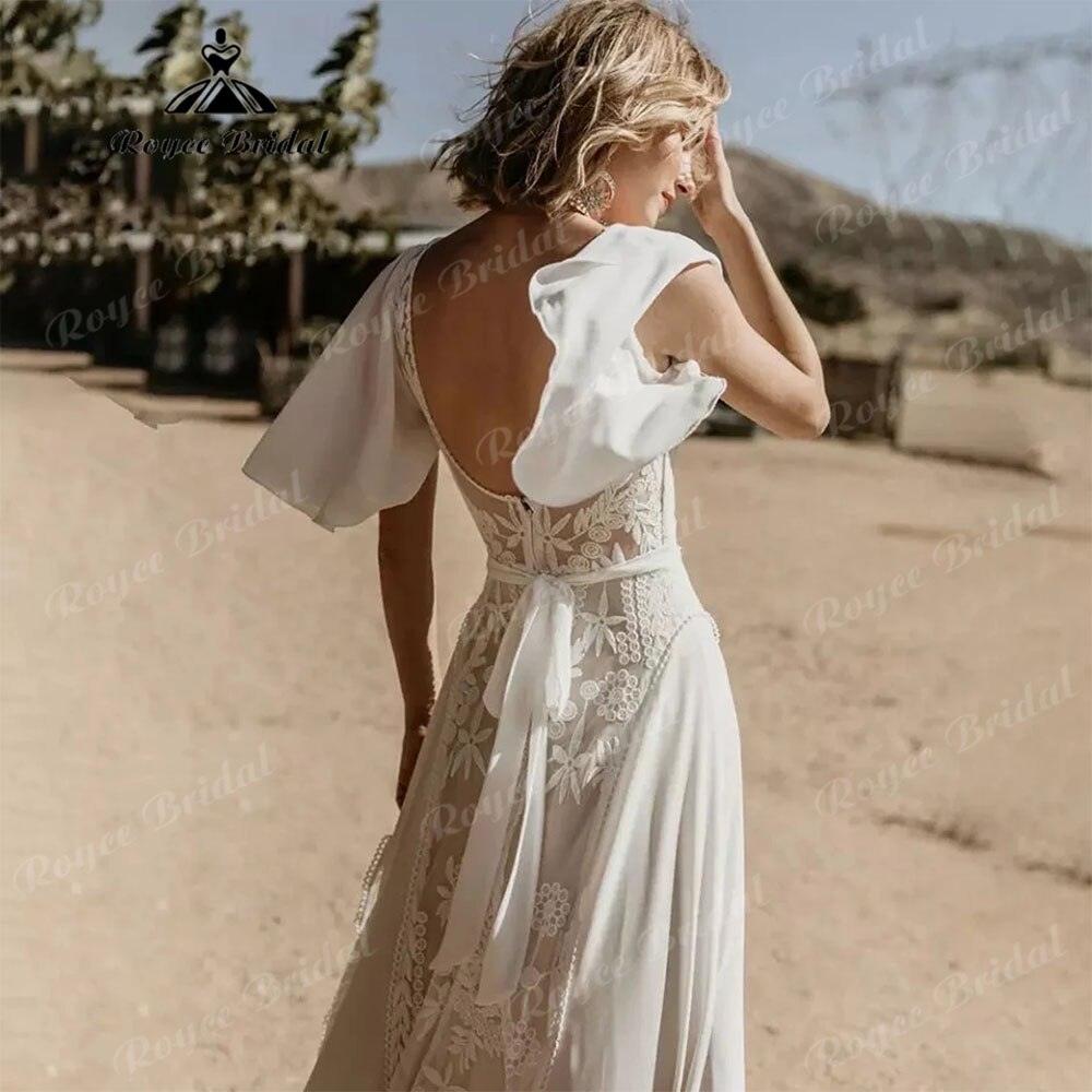 Sexy Boho V Neck Lace Short Sleeve Chiffon Bohemian Beach Women Wedding Dress Bridal Gowns vestido de novia playa Backless