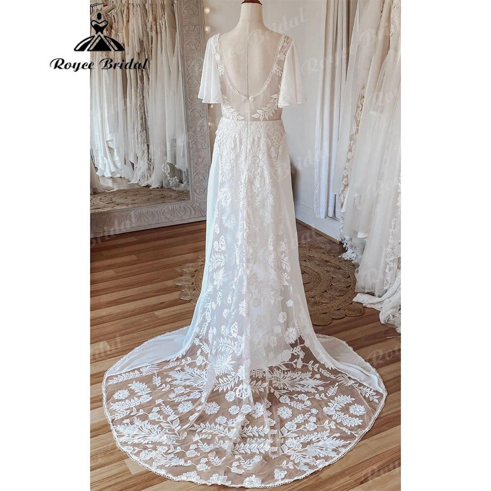 Sexy Boho V Neck Lace Short Sleeve Chiffon Bohemian Beach Women Wedding Dress Bridal Gowns vestido de novia playa Backless