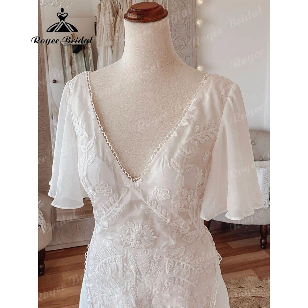 Sexy Boho V Neck Lace Short Sleeve Chiffon Bohemian Beach Women Wedding Dress Bridal Gowns vestido de novia playa Backless