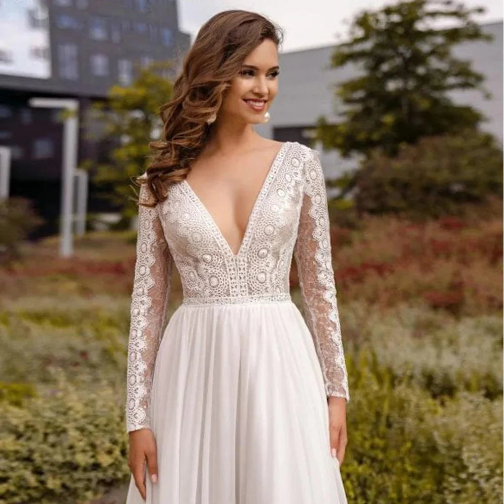 Sexy Chiffon Wedding Dresses Deep V Neck Long Sleeves Bohemian Ceremonial Dress
