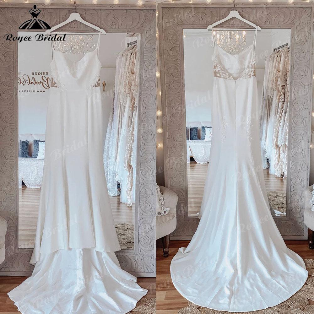 Sexy Mermaid Lace Backless Soft Satin Women Wedding Dress Spaghetti Straps   Wedding Gowns for Bride robe soirée mariage