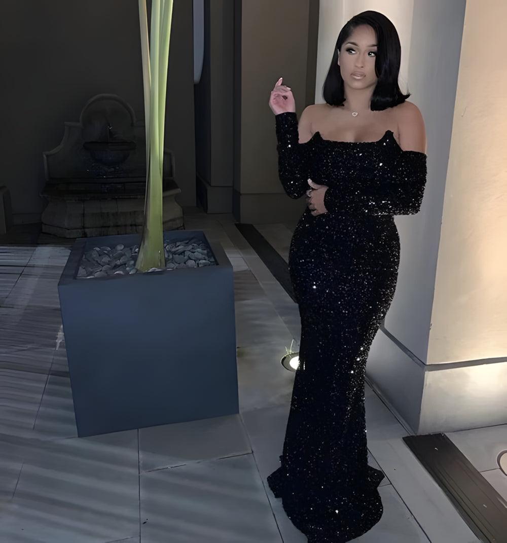 Sheath/Column Velvet Sequins Off-the-Shoulder Long Sleeves Sweep/Brush Train Dresses Evening Dress