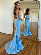 Mermaid Spaghetti Straps Beaded Satin Long Prom Dress