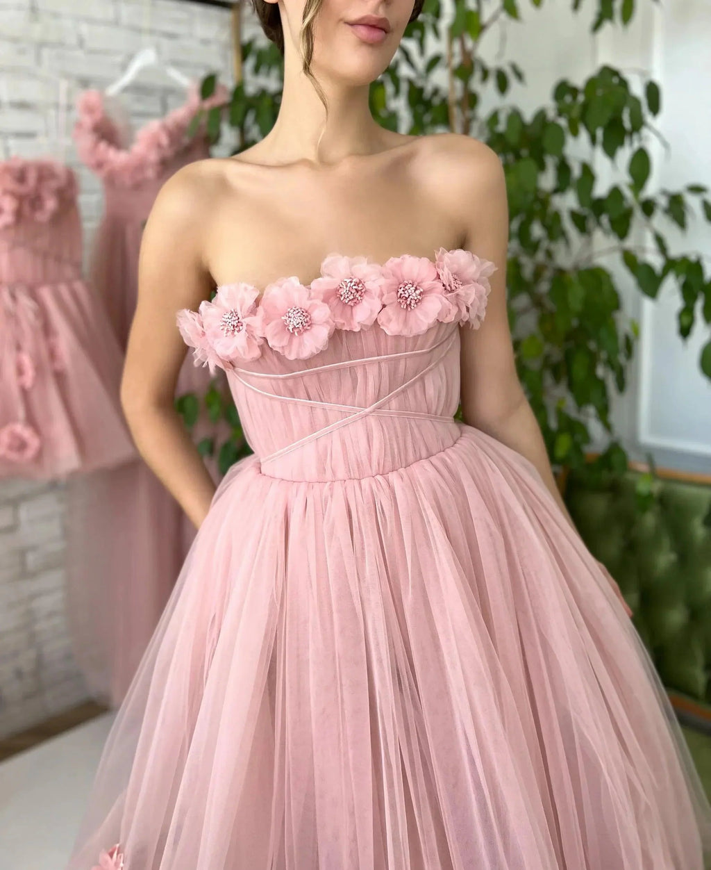 NumberSea Strapless Pink Garden Wedding Dress for Women Vestito Donna 2025  Lace Flower Beach Bridal Gowns