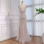 Luxury Lace Pearls Mermaid Evening Dress With Glove White Nude