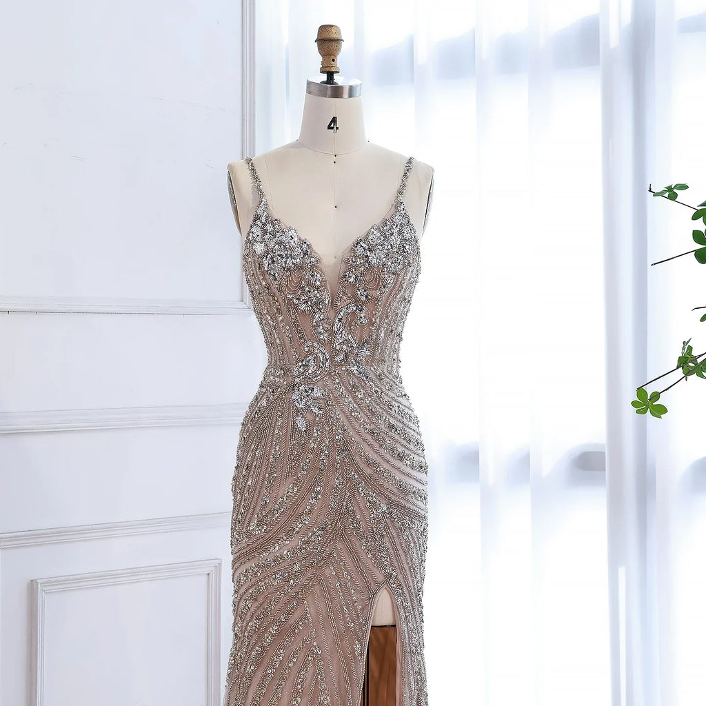 Luxury Nude Beaded High Slit Mermaid Evening Dress