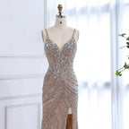 Luxury Nude Beaded High Slit Mermaid Evening Dress