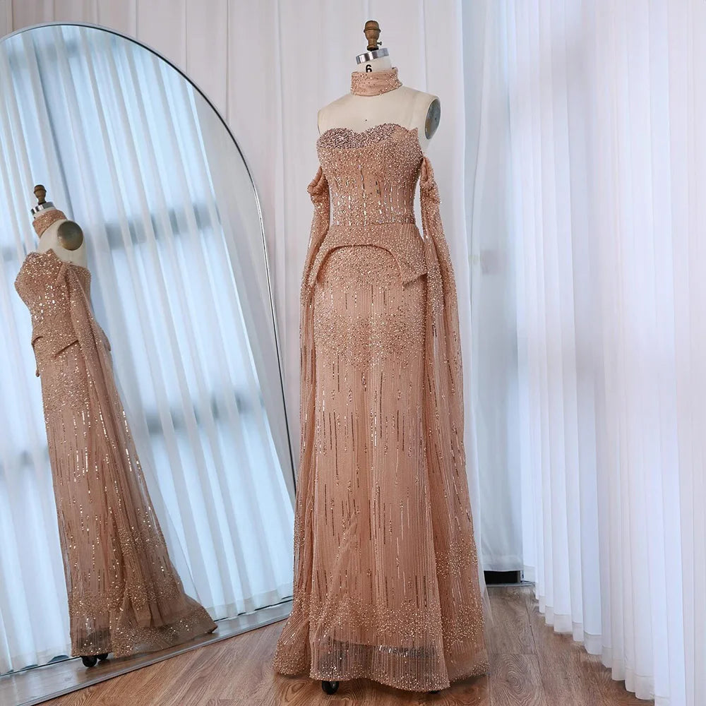 Luxury Gray Beaded Off-Shoulder Evening Dress with Cape Sleeves