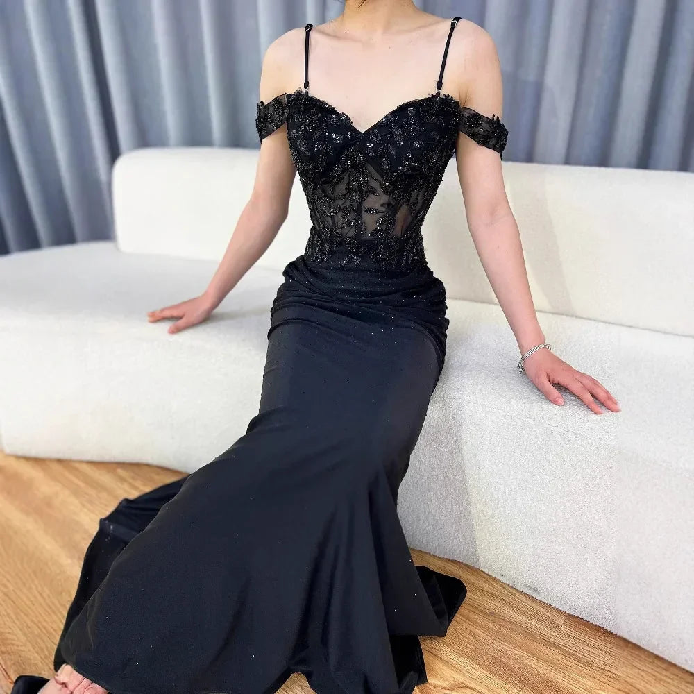 Classy Black Off-Shoulder Lace Prom Dress