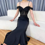 Classy Black Off-Shoulder Lace Prom Dress