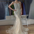 Luxury Nude Pink Crystal Tassel Mermaid Evening Dress