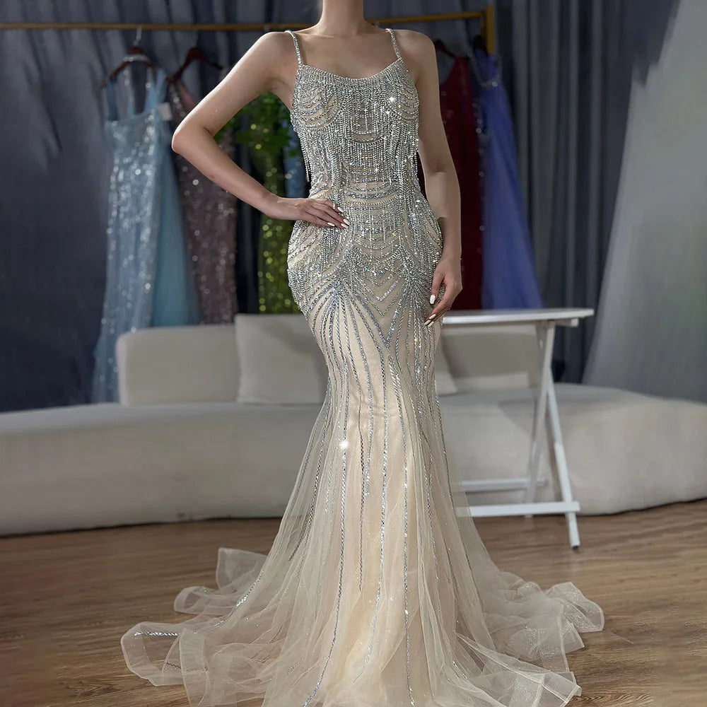 Luxury Nude Pink Crystal Tassel Mermaid Evening Dress